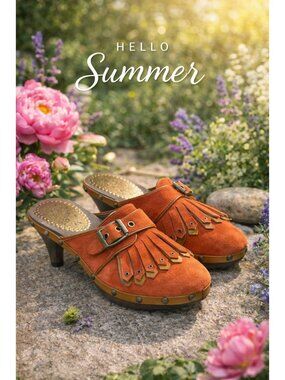 Rafe Felicity Suede Studded Fringe Heeled Mules Burnt Orange Size 37 Wooden Heel